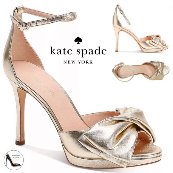 Kate Spade Bridal Bow Gold Leather Platform Sandal Stiletto Heel Evening Pumps 9 - Picture 1 of 10